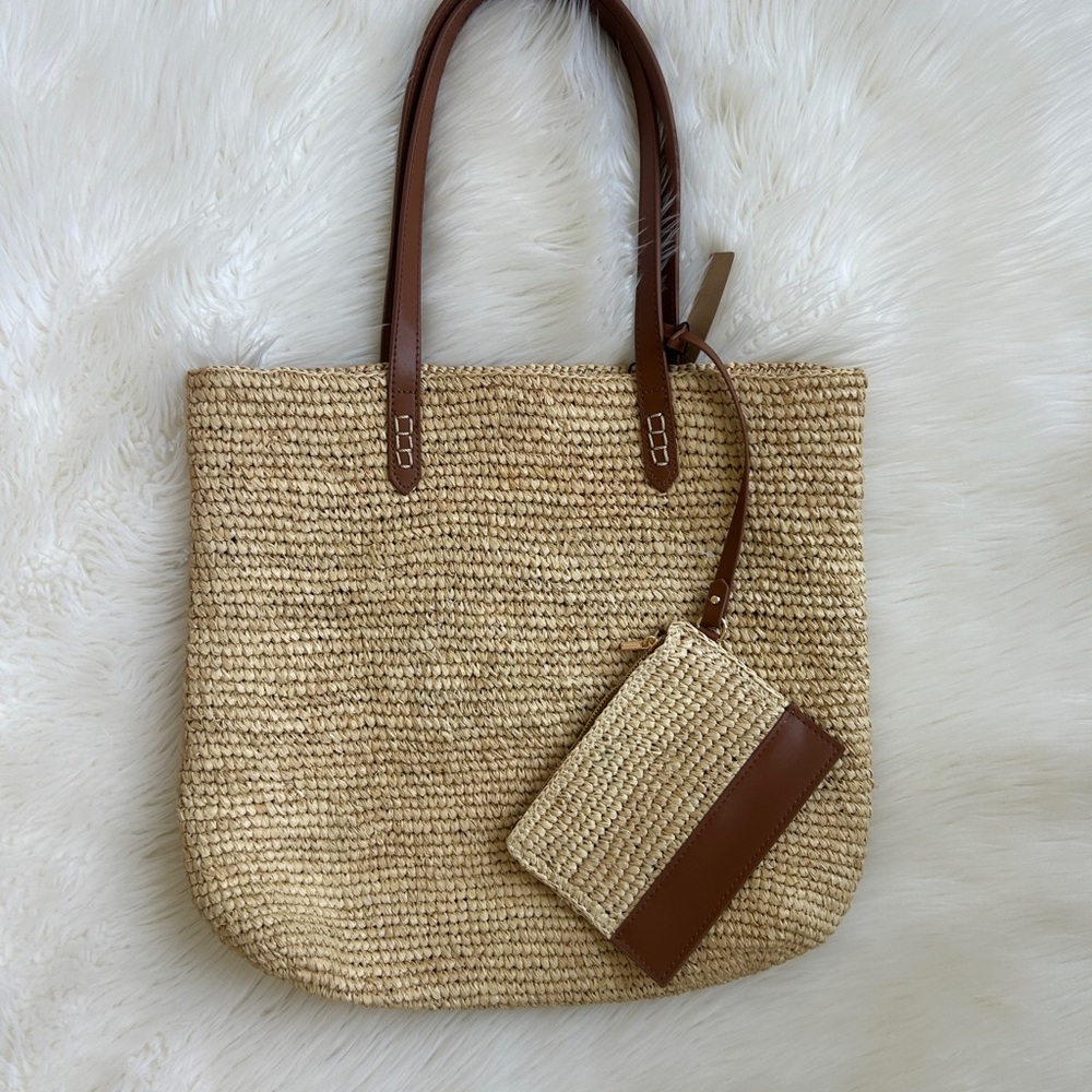 New! Rachael Zoe Woven Straw Tote with Brown Leather Handles and Pouch
